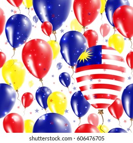 Malaysia Independence Day Seamless Pattern. Flying Rubber Balloons in Colors of the Malaysian Flag. Happy Malaysia Day Patriotic Card with Balloons, Stars and Sparkles.