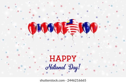 Malaysia Independence Day Sparkling Patriotic Poster. Row of Balloons in Colors of the Malaysian Flag. Greeting Card with National Flags, Confetti and Stars.