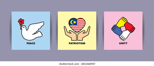 Malaysia Independence Day symbol icon set. Dove with hibiscus flower. Hands with heart shaped Malaysia flag. United hands refer to national flag color. Flat design.