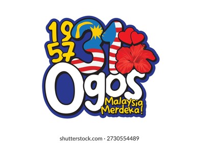 Tipografía del Día de la Independencia de Malasia con flores de hibisco y Elementos de la bandera nacional, que celebra Merdeka, la herencia y el espíritu patriótico.