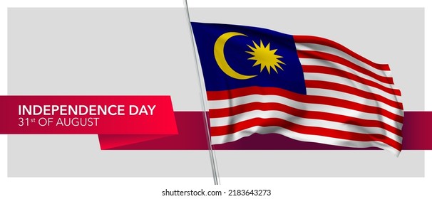 Malaysia independence day vector banner, greeting card. Malaysian wavy flag in 31st of August patriotic holiday horizontal design