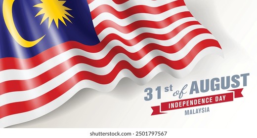 Malaysia independence day vector banner, greeting card. Malaysian wavy flag in 31st of August national patriotic holiday horizontal design