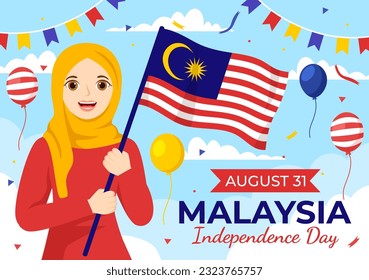 Malaysia Independence Day Vektor Illustration am 31. August mit Wellenflagge in National Holiday Flat Cartoon Hand gezeichnete Hintergrundvorlagen