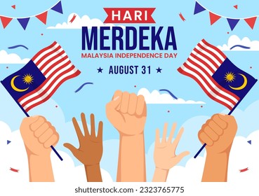 Malaysia Independence Day Vektor Illustration am 31. August mit Wellenflagge in National Holiday Flat Cartoon Hand gezeichnete Hintergrundvorlagen