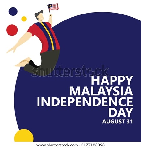 Malaysia independence day vector illustration with a man jumping and holding the national flag. Southeast Asian country public holiday celebrated annually on August 31.