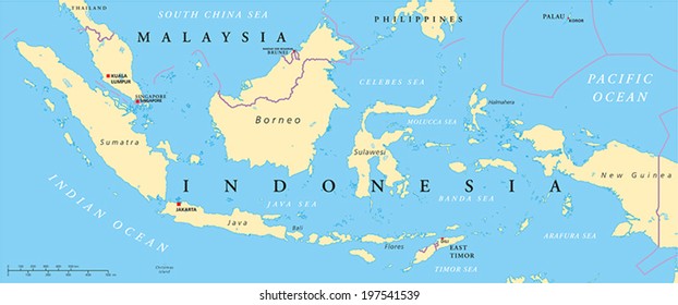 Malaysia And Indonesia Political Map with capitals Kuala Lumpur and Jakarta, with national borders and lakes. Vector illustration with English labeling and scaling.