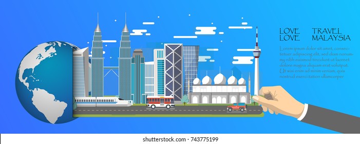 Malaysia infographic , global  with landmarks of Malaysia ,flat style.Love travel love Malaysia.