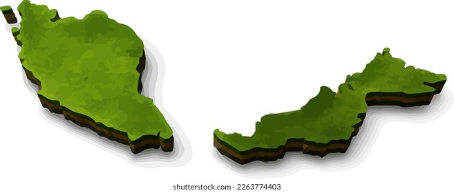 Ilustración de mapas de islas de Malasia con estilo 3D y hierba verde realista 