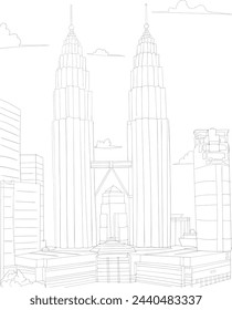 Malaysia - Kuala Lampur - Petronas Towers line art drawing for kids and adults coloring book