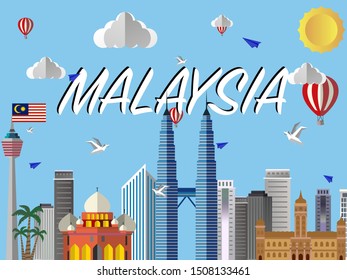 Malaysia Kuala Lumpur country city skyline with flag, craft vector illustration. Colorful art, travel place cityscape, landscape, beautiful tourism background cards, poster. Asian architecture,culture