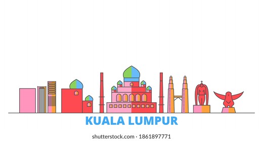 Malasia, Kuala Lumpur line cityscape, vector plano. Punto de referencia de la ciudad de viajes, ilustración de oultine, íconos del mundo de la línea