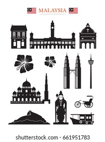 Malaysia Landmarks Architecture Building Object Set, Design Elements, Black and White, Silhouette