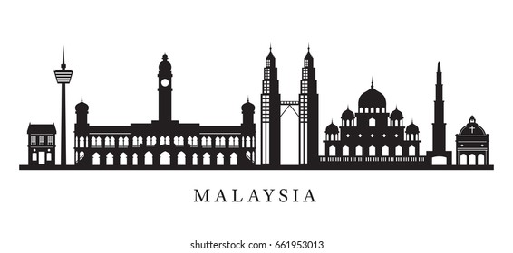 Malaysia Landmarks Skyline in Black and White Silhouette, Cityscape, Travel and Tourist Attraction