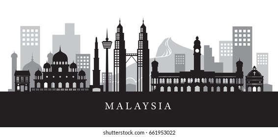 Malaysia Landmarks Skyline in Black and White Silhouette, Cityscape, Travel and Tourist Attraction