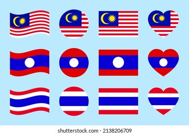 Malaysia, Laos, Thailand flags. vector illustration. Malaysian, Siam, Lao states official flags symbols set. Can use for travel, patriotic, sports pages designs. geometric shapes icons. Flat style.