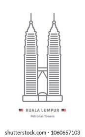 Icono de línea de Malasia. Torres Petronas en Kuala Lumpur y ilustración vectorial de la bandera malasia.