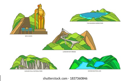 Malaysia linear landmarks, travel and nature icons