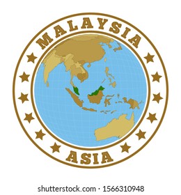 Malaysia logo. Round badge of country with map of Malaysia in world context. Country sticker stamp with globe map and round text. Vector illustration.