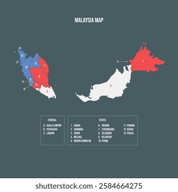 Malaysia Map with 13 States and 3 Federal Territories