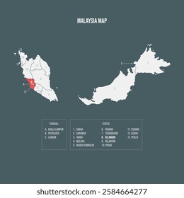 Malaysia Map with 13 States and 3 Federal Territories - Selangor