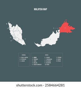 Malaysia Map with 13 States and 3 Federal Territories - Sabah