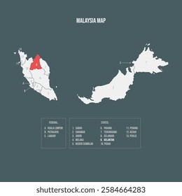 Malaysia Map with 13 States and 3 Federal Territories - Kelantan