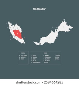 Malaysia Map with 13 States and 3 Federal Territories - Pahang