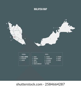 Malaysia Map with 13 States and 3 Federal Territories - Kuala Lumpur