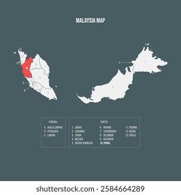 Malaysia Map with 13 States and 3 Federal Territories - Perak