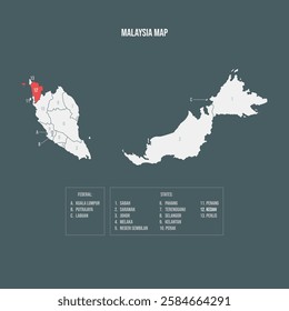 Malaysia Map with 13 States and 3 Federal Territories - Kedah