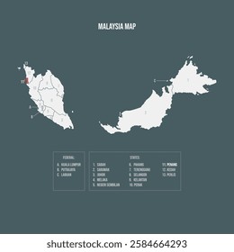 Malaysia Map with 13 States and 3 Federal Territories - Penang