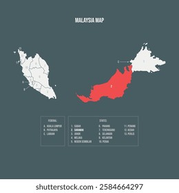 Malaysia Map with 13 States and 3 Federal Territories - Serawak