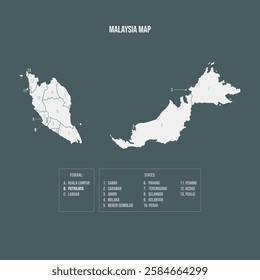 Malaysia Map with 13 States and 3 Federal Territories - Putrajaya