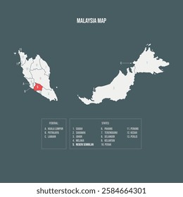 Malaysia Map with 13 States and 3 Federal Territories - Negeri Sembilan