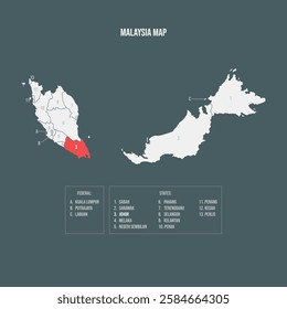 Malaysia Map with 13 States and 3 Federal Territories - Johor