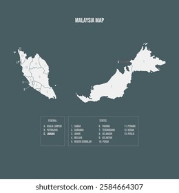 Malaysia Map with 13 States and 3 Federal Territories - Labuan