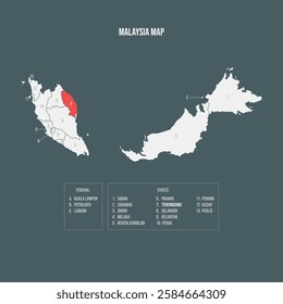 Malaysia Map with 13 States and 3 Federal Territories - Terengganu