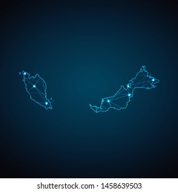 Malaysia Map - Abstract geometric mesh polygonal network line, structure and point scales on dark background with lights in the form of cities. Vector illustration eps 10.