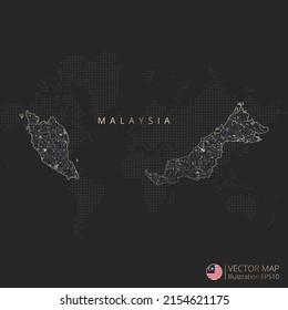 Malaysia Karte abstraktes geometrisches Mesh Polygonallichtkonzept mit schwarz-weißem, leuchtenden Konturlinien und Punkten auf dunklem Hintergrund. Vektorgrafik