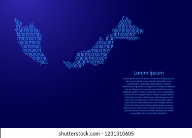 Malaysia map abstract schematic from blue ones and zeros binary digital code with space stars for banner, poster, greeting card. Vector illustration.
