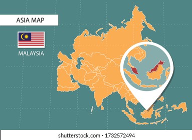 Malaysia map in Asia zoom version, icons showing Malaysia location and flags.