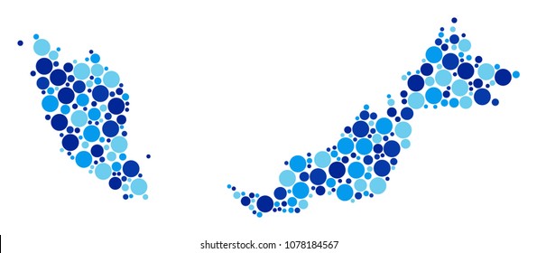 Malaysia Map collage of dots in various sizes and blue shades. Scattered round elements are grouped into Malaysia Map collage. Vector geography blue map vector illustration.