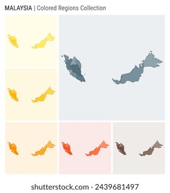 Mapa de Malasia. Forma de país con regiones de color. Gris azul, amarillo, ámbar, naranja, naranja profundo, marrón paletas de color. Frontera de Malasia con las provincias para su infografía.