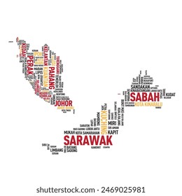 Malaysia Map with Countries and city name Text or Typography. Highlights the country and capital city with different color