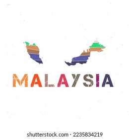 Malaysia map design. Shape of the country with beautiful geometric waves and grunge texture. Authentic vector illustration.