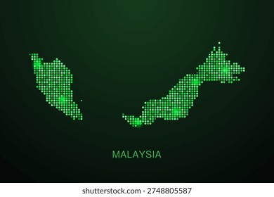 Malaysia Map - Digital dotted map with glowing green points on dark background, modern technology style, abstract data network design, clean minimal geometric vector illustration.