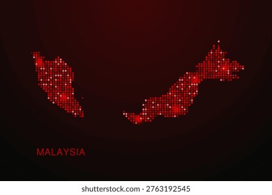 Malaysia Map - Digital dotted map with glowing red points on dark background, modern technology style, abstract data network design, clean minimal vector illustration.