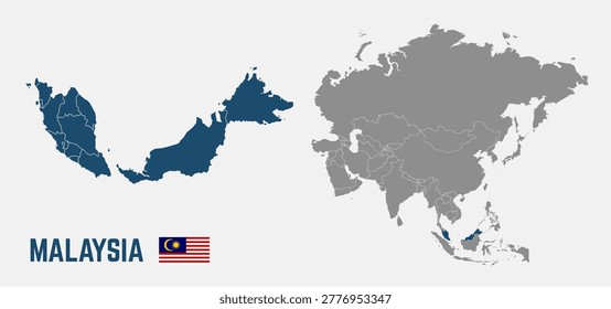 Malaysia map. Malaysia flag. Asia and Malaysia maps with regions. Asia map isolated on white background. High detailed. Vector illustration