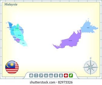 Mapa de Malasia con botones de bandera y asistencia y activa iconos Ilustración original