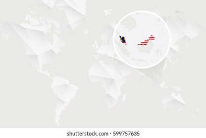 Malaysia map with flag in contour on white polygonal World Map. Vector Illustration.